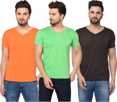 Jaskart Solid Men V Neck Brown, Orange, Light Green T-Shirt