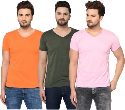 Jaskart Solid Men V Neck Dark Green, Pink, Orange T-Shirt