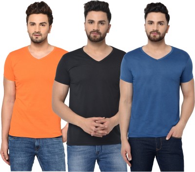 Jaskart Solid Men V Neck Dark Blue, Black, Orange T-Shirt