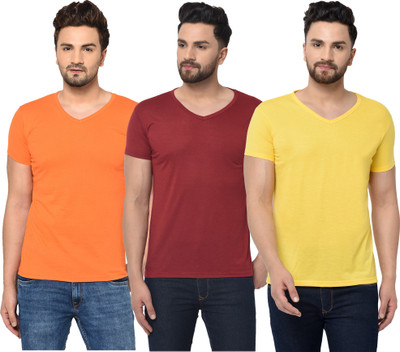 Jangoboy Solid Men V Neck Maroon, Orange, Yellow T-Shirt