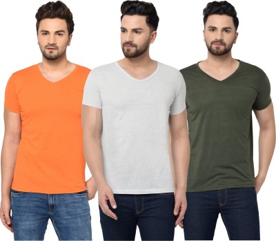 Bribzy Solid Men V Neck Dark Green, Orange, Grey T-Shirt