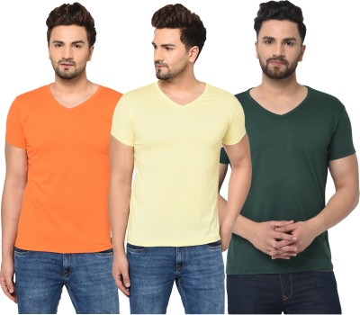 Adorbs Solid Men V Neck Dark Green, Orange, Beige T-Shirt