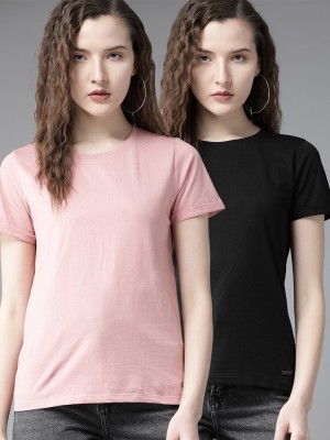 Roadster Solid Women Round Neck Pink T-Shirt