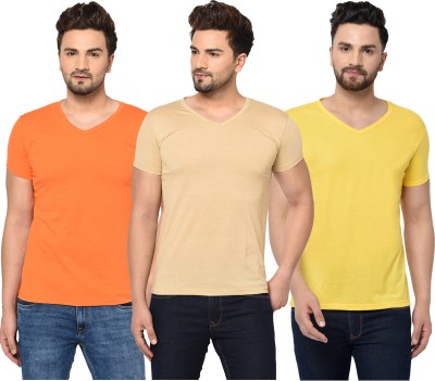 Tivy Solid Men V Neck Orange, Beige, Yellow T-Shirt