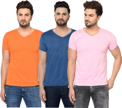 Jangoboy Solid Men V Neck Blue, Pink, Orange T-Shirt