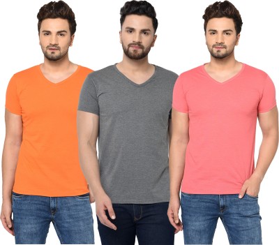 Tivy Solid Men V Neck Pink, Orange, Grey T-Shirt