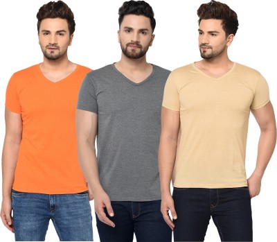 Bribzy Solid Men V Neck Orange, Grey, Beige T-Shirt