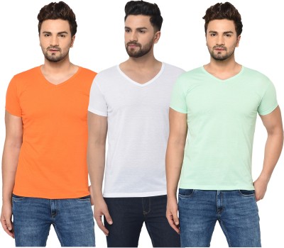 Bribzy Solid Men V Neck Green, White, Orange T-Shirt