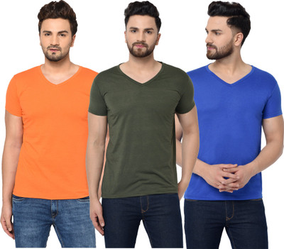 Bribzy Solid Men V Neck Green, Blue, Orange T-Shirt