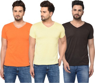 Unite Wear Solid Men V Neck Brown, Orange, Yellow T-Shirt