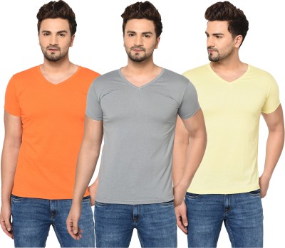 Tivy Solid Men V Neck Orange, Grey, Yellow T-Shirt