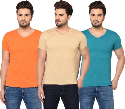 Tivy Solid Men V Neck Light Blue, Orange, Beige T-Shirt