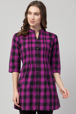 Hive91 Casual 3/4 Sleeve Checkered Women Purple Top
