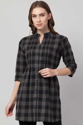 Hive91 Casual 3/4 Sleeve Checkered Women Grey Top