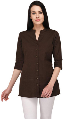 Vastraa Fusion Casual 3/4 Sleeve Solid Women Brown Top