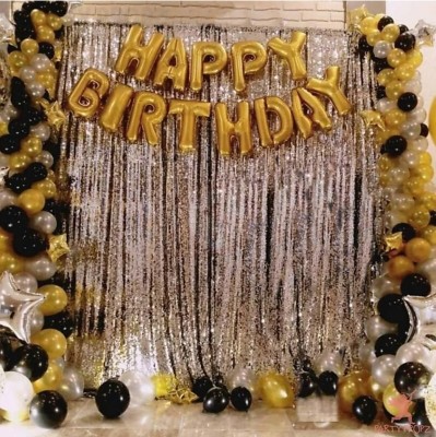 FANEX Solid Decorative 75 pcs Combo Happy Birthday Letter Foil Balloon Set of 20 Gold + 20 Silver+20 Black 2 Fringe Curtain + HD Metallic Balloons (Gold, Black and Silver) Birthday Decorations Items Balloon(Black, Gold, Silver, Pack of 75)