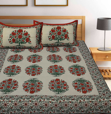 KKS Collections Cotton Double, Queen, King Flat 200 TC Jaipuri Prints Bedsheet(Pack of 1, Orange)