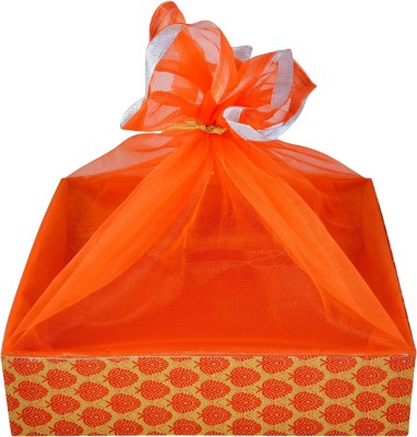 GROWNEX Designer Gift Hamper Basket, Wedding Gift Packing Baskets - Color - Floral Orange (Size - 12x12x3 Inches) SET OF 2 BASKETS Wooden Fruit & Vegetable Basket(Orange)