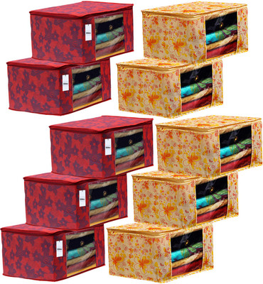 Billion Designer Metalic Printed 10 Piece Non Woven Fabric Saree Cover Set with Transparent Window, Extra Large, Ivory Red & Red -S_23_Billion40957 S_23_Billion040957(Ivory Red & Red)