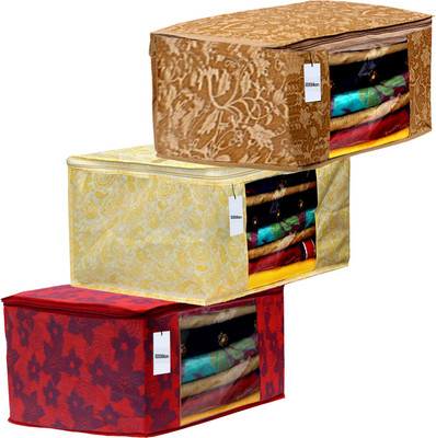 Billion Designer Metalic Printed 3 Piece Non Woven Fabric Saree Cover Set with Transparent Window, Extra Large, Gold & Red & Beige -S_23_Billion40799 S_23_Billion040799(Gold & Red & Beige)