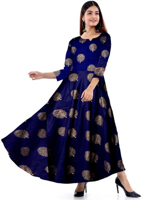 zalya Women Gown Blue, Gold Maxi/Full Length Dress