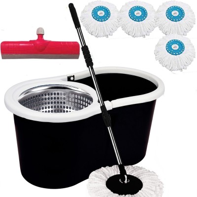 V-MOP Classic Steel Magic Dry Bucket Mop - 360 Degree Self Spin Wringing With 4 Super Absorbers with 1 Floor Wiper for Home & Office Floor Cleaning Mop Set BB4 Mop, Mop Refill, Bucket, Floor Wiper
