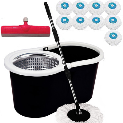 V-MOP Classic Steel Magic Dry Bucket Mop - 360 Degree Self Spin Wringing With 9 Super Absorbers with 1 Floor Wiper for Home & Office Floor Cleaning Mop Set BB9 Mop Set, Floor Wiper, Mop Refill