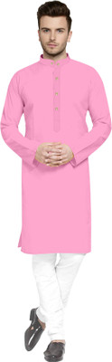 PARALLEL TIMES Men Solid Straight Kurta(Pink)