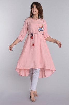 Jixpox Women Embroidered High Low Kurta(Pink)