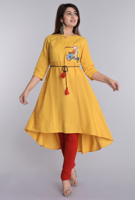 Jixpox Women Embroidered High Low Kurta(Yellow)