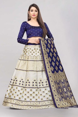 Fabcartz Self Design Semi Stitched Lehenga Choli(White, Dark Blue)