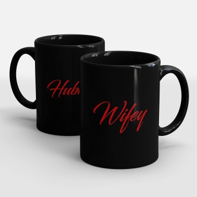 Sublikraft Hubby Wifey Full Black Printed Ceramic Coffee Mug(330 ml, Pack of 2)