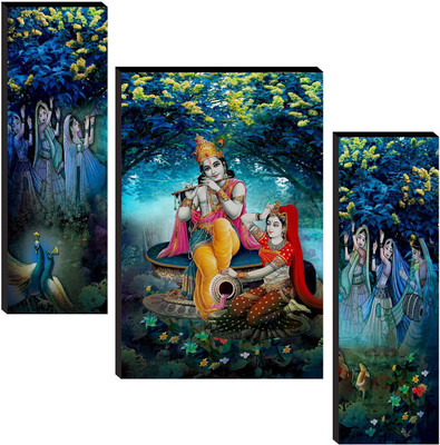 saf Radha Krishna Set of 3 Digital Reprint 12 inch x 18 inch Painting(Without Frame, Pack of 3)