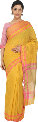 Leeza Store Checkered Maheshwari Cotton Silk Saree(Yellow)