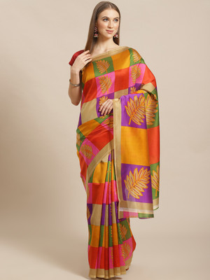 Grubstaker Floral Print Bollywood Art Silk Saree(Multicolor)