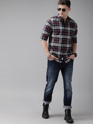 Roadster Men Checkered Casual Dark Blue Shirt
