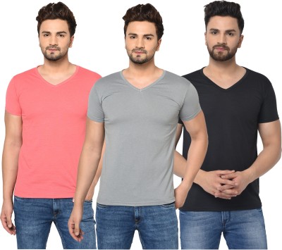 Tivy Solid Men V Neck Black, Pink, Grey T-Shirt