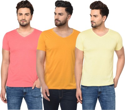 Bribzy Solid Men V Neck Pink, Orange, Yellow T-Shirt