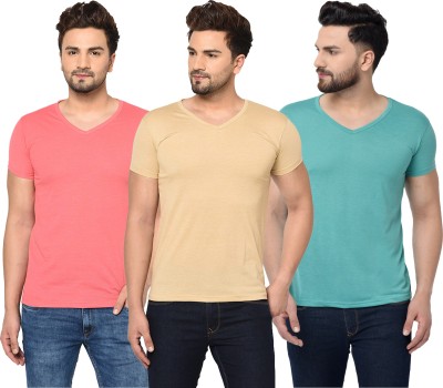 Bribzy Solid Men V Neck Light Blue, Pink, Beige T-Shirt