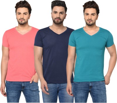 Tivy Solid Men V Neck Dark Blue, Blue, Pink T-Shirt