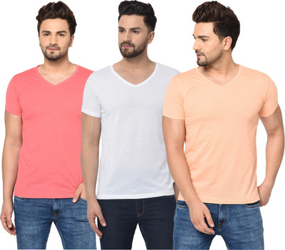 Jangoboy Solid Men V Neck White, Pink, Beige T-Shirt