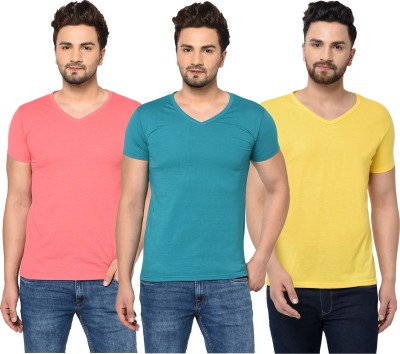 Adorbs Solid Men V Neck Light Blue, Pink, Yellow T-Shirt