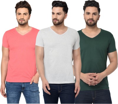 Jaskart Solid Men V Neck Dark Green, Pink, Grey T-Shirt