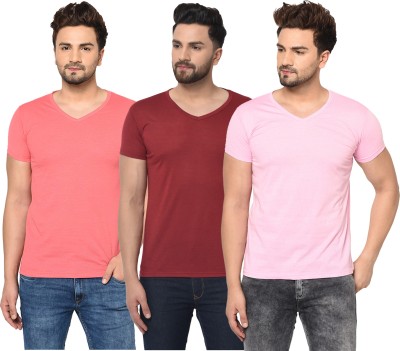 Adorbs Solid Men V Neck Maroon, Pink T-Shirt