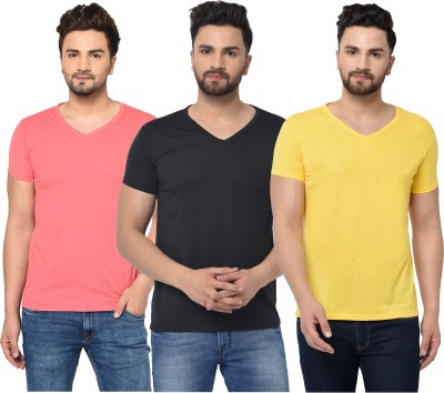 Tivy Solid Men V Neck Pink, Black, Yellow T-Shirt