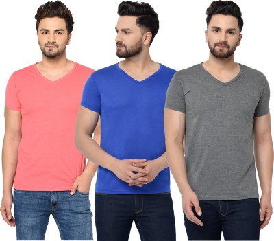 Bribzy Solid Men V Neck Dark Blue, Pink, Grey T-Shirt