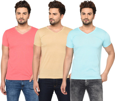 Jangoboy Solid Men V Neck Blue, Pink, Beige T-Shirt