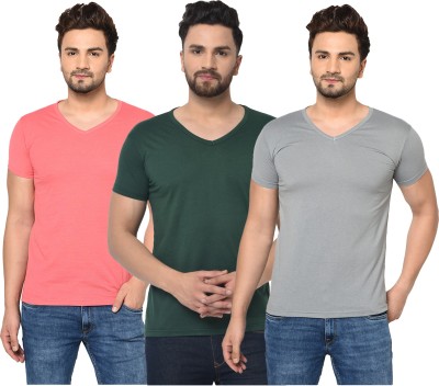 Bribzy Solid Men V Neck Dark Green, Pink, Grey T-Shirt