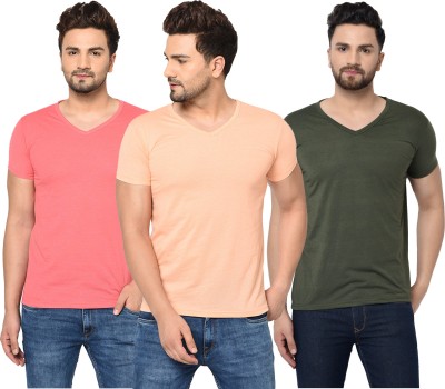 Tivy Solid Men V Neck Dark Green, Pink T-Shirt