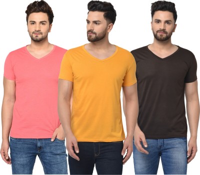 Jaskart Solid Men V Neck Brown, Pink, Yellow T-Shirt